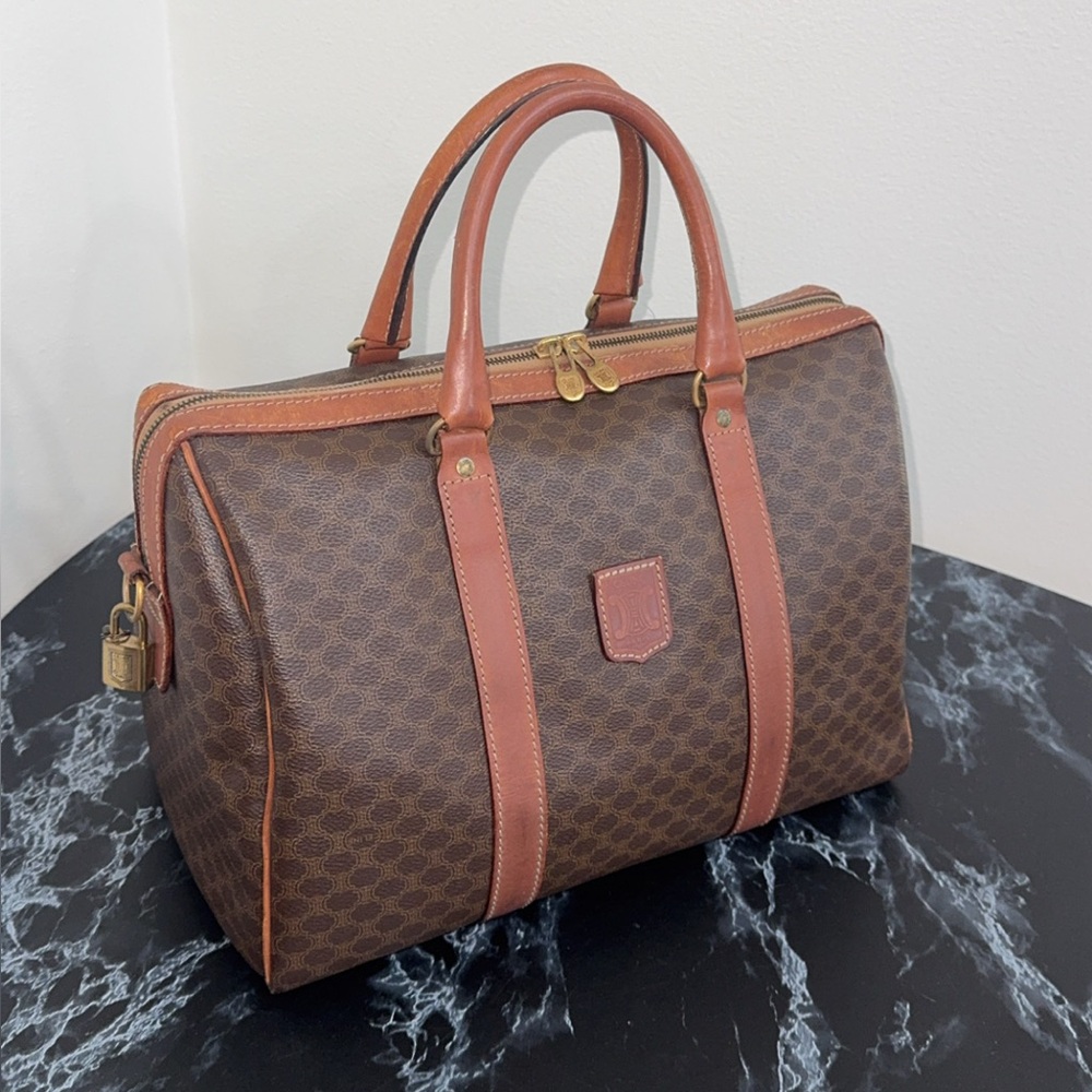 CELINE MACADAM PATTERN BOSTON BAG BROWN PVC GOLD w/ KEY LOCK AUTHENTIC - Picture 1 of 15